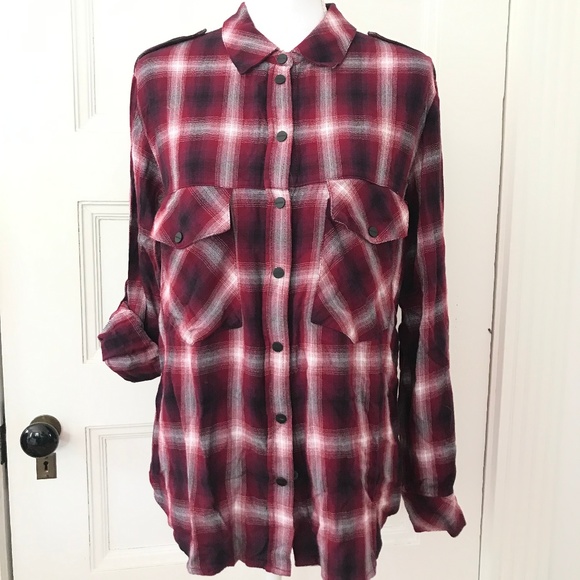 Sanctuary Red Plaid Boyfriend Shirt w/ Snap Front - Picture 1 of 8